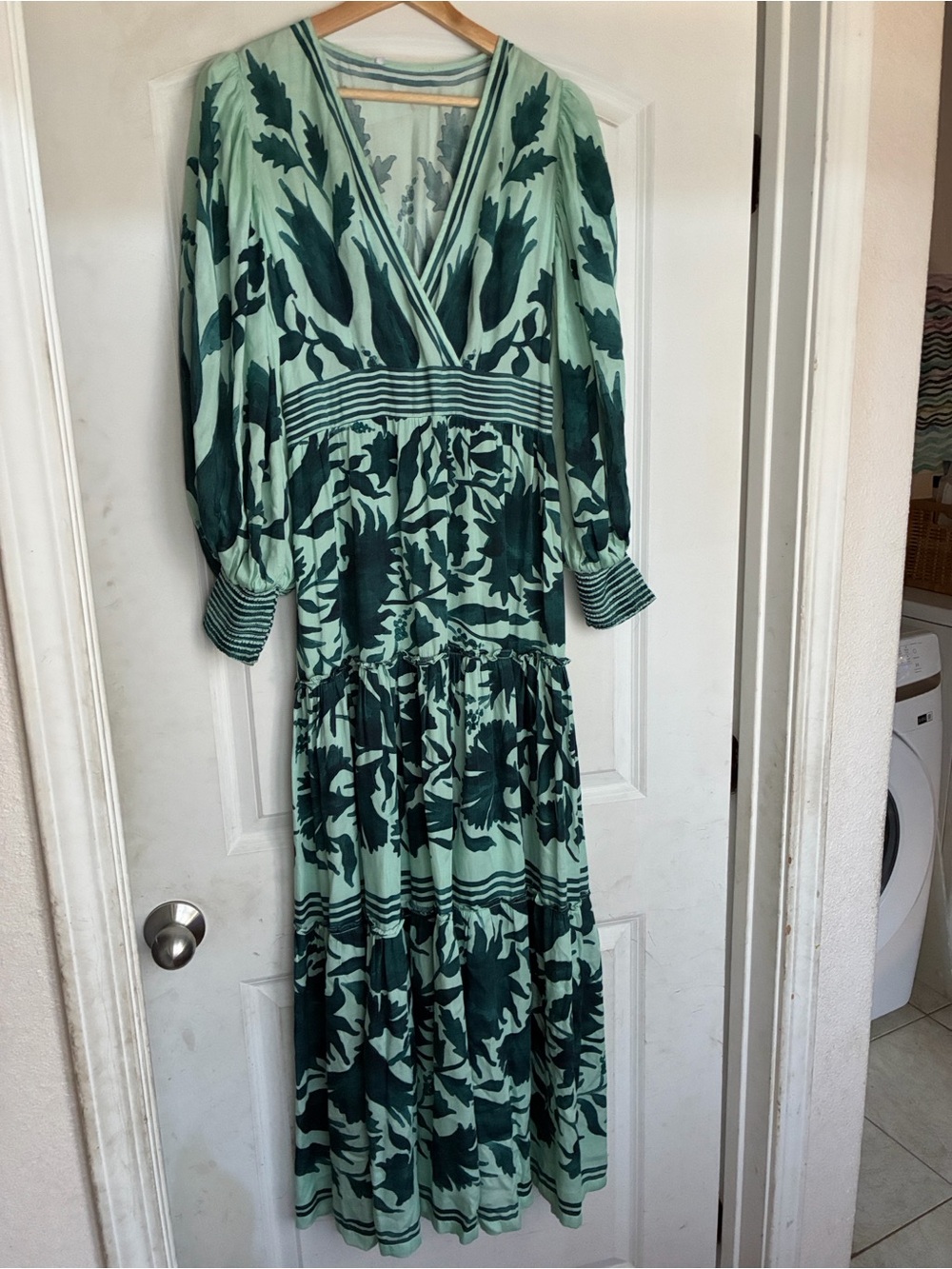 Omika Sloan Teal Leaf Print Maxi Dress - Resort V Nevk elastic waist long sleeve